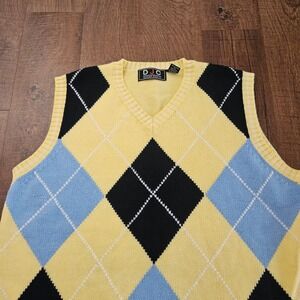 Vintage DJC Designer Jeans Co Mens Argyle Sweater Vest Yellow V-Neck 2XL Y2K 90s